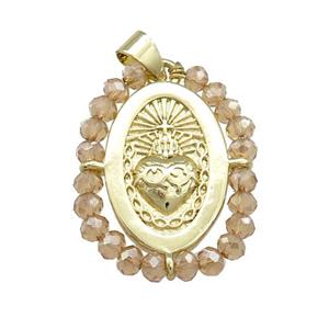 Sacred Heart Charms Copper Oval Pendant With Crystal Glass Wire Wrapped Gold Plated, approx 20-25mm