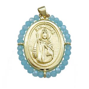 Saint Jude Charms Copper Medal Pendant With Aqua Crystal Glass Wire Wrapped Oval Gold Plated, approx 27-35mm