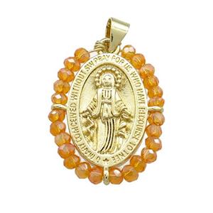 Virgin Mary Charms Copper Medal Pendant With Crystal Glass Wire Wrapped Oval Gold Plated, approx 20-25mm