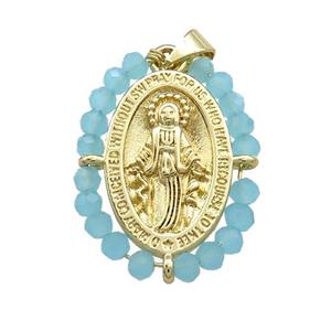 Virgin Mary Charms Copper Medal Pendant With Blue Crystal Glass Wire Wrapped Oval Gold Plated, approx 20-25mm