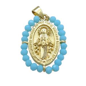 Virgin Mary Charms Copper Medal Pendant With Blue Crystal Glass Wire Wrapped Oval Gold Plated, approx 20-25mm