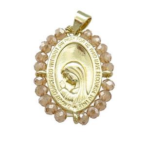 Virgin Mary Charms Copper Medal Pendant With Crystal Glass Wire Wrapped Oval Gold Plated, approx 20-25mm