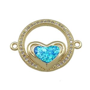 Copper Circle Connector Pave Blue Fire Opal Zircon Heart 18K Gold Plated, approx 19mm