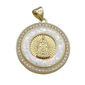 Copper Jesus Pendant Pave White Fire Opal Zircon Circle 18K Gold Plated, approx 22mm