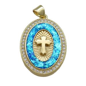 Copper Oval Pendant Pave Blue Fire Opal Zircon Cross 18K Gold Plated, approx 19-25mm