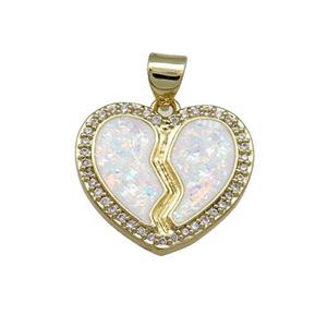 Copper Heart Pendant Pave White Fire Opal Zircon 18K Gold Plated, approx 19mm