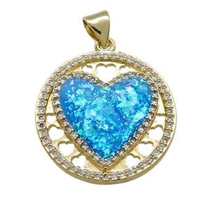 Copper Heart Pendant Pave Blue Fire Opal Zircon Circle 18K Gold Plated, approx 22mm