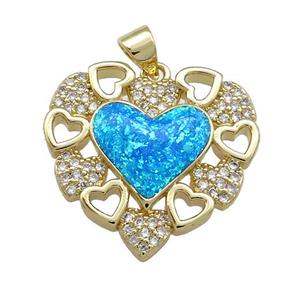 Copper Heart Pendant Pave Blue Fire Opal Zircon 18K Gold Plated, approx 23mm