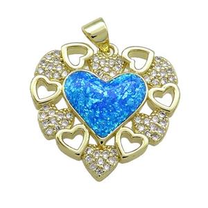 Copper Heart Pendant Pave Blue Fire Opal Zircon 18K Gold Plated, approx 23mm