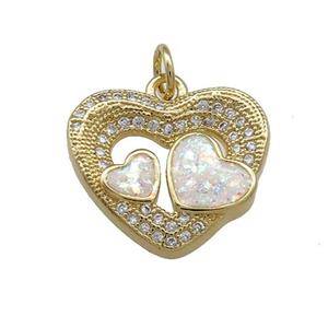 Copper Heart Pendant Pave White Fire Opal Zircon 18K Gold Plated, approx 18mm