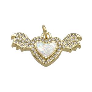 Angel Wings Charms Copper Heart Pendant Pave White Fire Opal Zircon 18K Gold Plated, approx 12-24mm