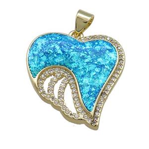 Copper Heart Pendant Pave Blue Fire Opal Zircon Wings 18K Gold Plated, approx 22mm