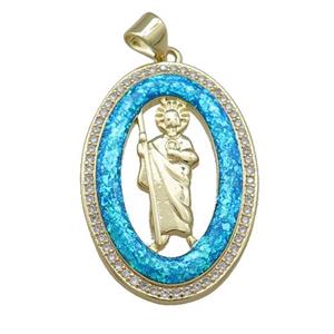 Saint Jude Charms Copper Oval Pendant Pave Blue Fire Opal Zircon 18K Gold Plated, approx 20-30mm