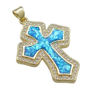 Copper Cross Pendant Pave Blue Fire Opal Zircon 18K Gold Plated, approx 25-30mm