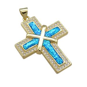 Copper Cross Pendant Pave Blue Fire Opal Zircon 18K Gold Plated, approx 25-30mm