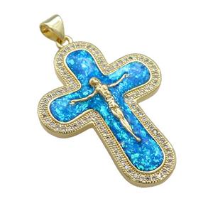 Copper Crucifix Cross Pendant Pave Blue Fire Opal Zircon Jesus 18K Gold Plated, approx 26-35mm