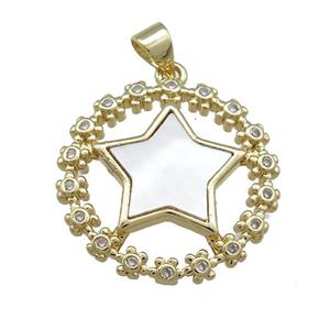 Copper Wreath Pendant Pave Shell Zircon Star 18K Gold Plated, approx 23mm