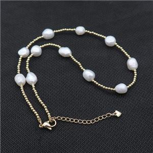 White Pearl Necklace With Copper Pony Beads Gold Plated, approx 2.5mm, 8-9mm, 40-45cm length