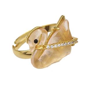 Copper Swan Rings Pave Acrylic Zirconia Adjustable Gold Plated, approx 12-16mm