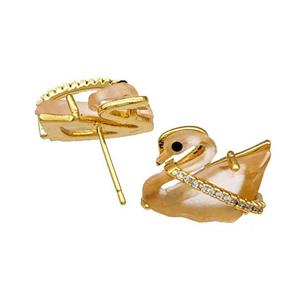 Copper Swan Stud Earrings Pave Acrylic Zirconia Gold Plated, approx 12-16mm