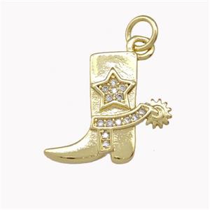 Cowboy Boots Charm Copper Pendant Pave Zirconia Gold Plated, approx 15-16mm