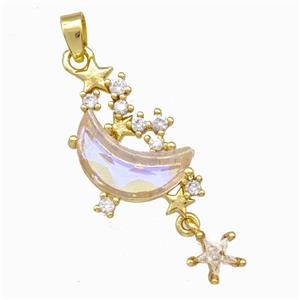 Copper Pendant Pave Zirconia Crystal Glass Moon Gold Plated, approx 6mm, 13-20mm