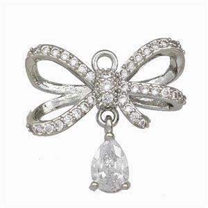 Copper Bowknot Pendant Pave Zirconia Platinum Plated, approx 5-7mm, 12-22mm