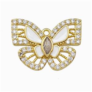 Copper Butterfly Pendant Pave Zirconia White Enamel Gold Plated, approx 18-25mm