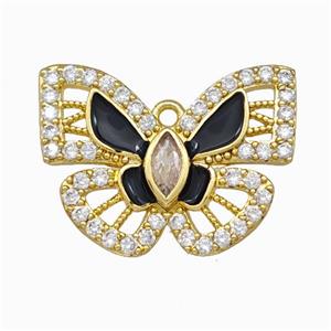 Copper Butterfly Pendant Pave Zirconia Black Enamel Gold Plated, approx 18-25mm