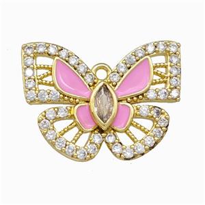 Copper Butterfly Pendant Pave Zirconia Pink Enamel Gold Plated, approx 18-25mm