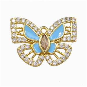 Copper Butterfly Pendant Pave Zirconia Blue Enamel Gold Plated, approx 18-25mm