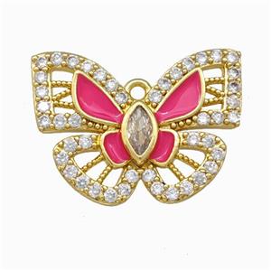 Copper Butterfly Pendant Pave Zirconia Hotpink Enamel Gold Plated, approx 18-25mm