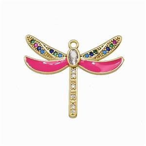 Copper Dragonfly Pendant Pave Zirconia Hotpink Enamel Gold Plated, approx 26-30mm