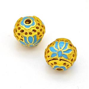 Copper Round Beads Blue Painted Flower Hollow Gold Plated, approx 10mm