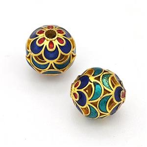 Copper Round Beads Blue Green Painted Hollow Gold Plated, approx 10mm