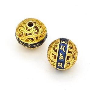 Copper Round Beads Blue Painted Buddhist Hollow Gold Plated, approx 10mm