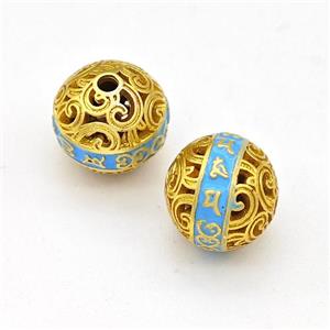 Copper Round Beads Blue Painted Buddhist Hollow Gold Plated, approx 10mm