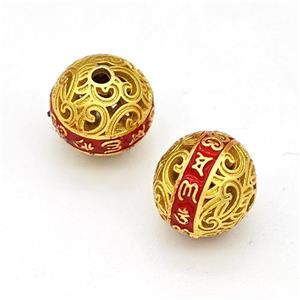 Copper Round Beads Red Painted Buddhist Hollow Gold Plated, approx 10mm