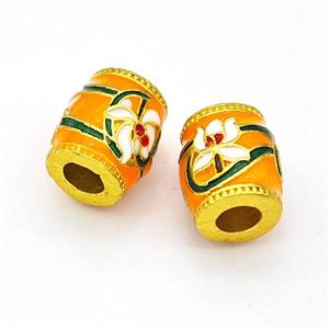 Copper Barrel Beads Multicolor Painted Flower Large Hole Gold Plated, approx 10-11mm, 4mm hole