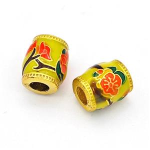 Copper Barrel Beads Multicolor Painted Flower Large Hole Gold Plated, approx 10-11mm, 4mm hole