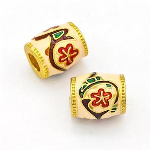 Copper Barrel Beads Multicolor Painted Flower Large Hole Gold Plated, approx 10-11mm, 4mm hole