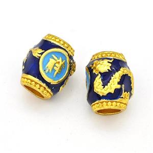 Copper Barrel Beads Blue Painted Dragon Large Hole Gold Plated, approx 10-11mm, 4mm hole