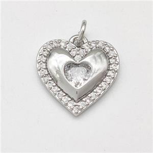 Copper Heart Pendant Pave Zirconia Platinum Plated, approx 15mm