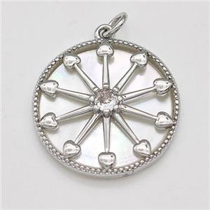 Copper Compass Pendant Pave Shell Zirconia Platinum Plated, approx 22mm