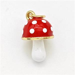 Copper Mushroom Pendant Red Enamel Gold Plated, approx 9-13mm