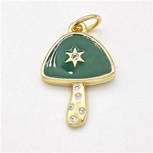 Copper Mushroom Pendant Pave Zirconia Green Enamel Star Gold Plated, approx 12-16mm