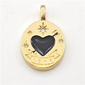 Cupid Heart Copper Pendant Black Enamel LOVE Gold Plated, approx 13-15mm