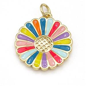 Sunflower Charms Copper Pendant Multicolor Enamel Gold Plated, approx 19mm