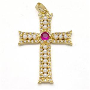 Copper Cross Pendant Pave Pearlized Resin Zirconia Gold Plated, approx 25-35mm