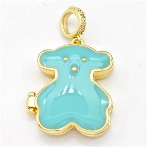 Copper Bear Locket Pendant Green Enamel Gold Plated, approx 20-24mm, 8mm